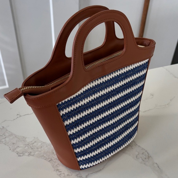 Ann Taylor Blue & White Crochet Stripe and Tan Leather Tote Bag Purse - Picture 5 of 8